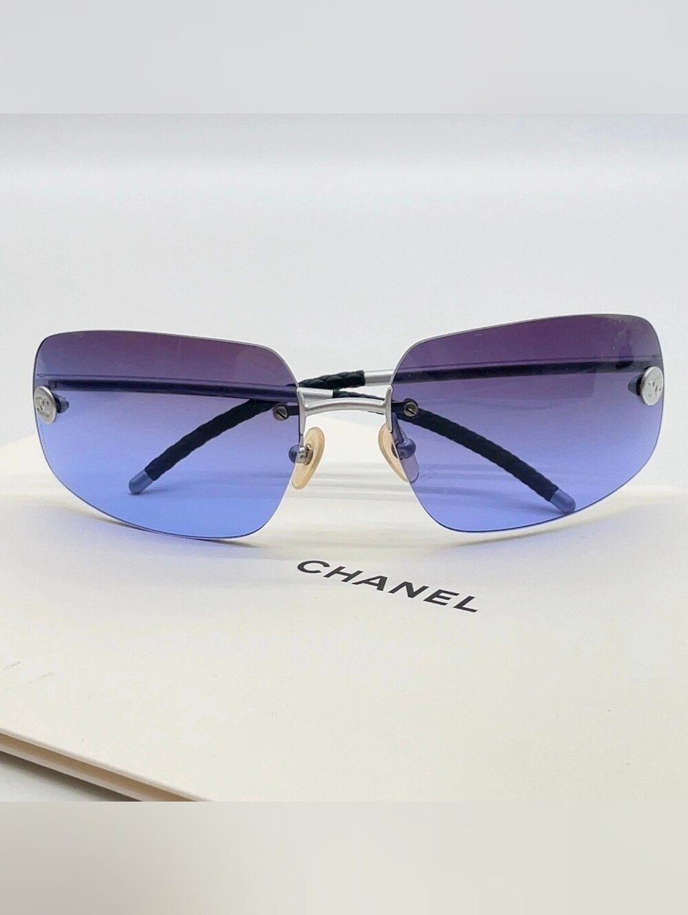 CHANEL Y2K Rimless Blue Gradient Rhinestone CC Mark Sunglasses Wbox - Picture 4 of 16